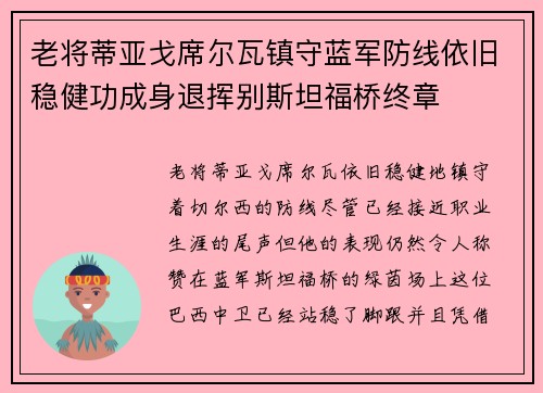 老将蒂亚戈席尔瓦镇守蓝军防线依旧稳健功成身退挥别斯坦福桥终章 老将蒂亚戈席尔瓦镇守蓝军防线依旧稳健功成身退挥别斯坦福桥终章